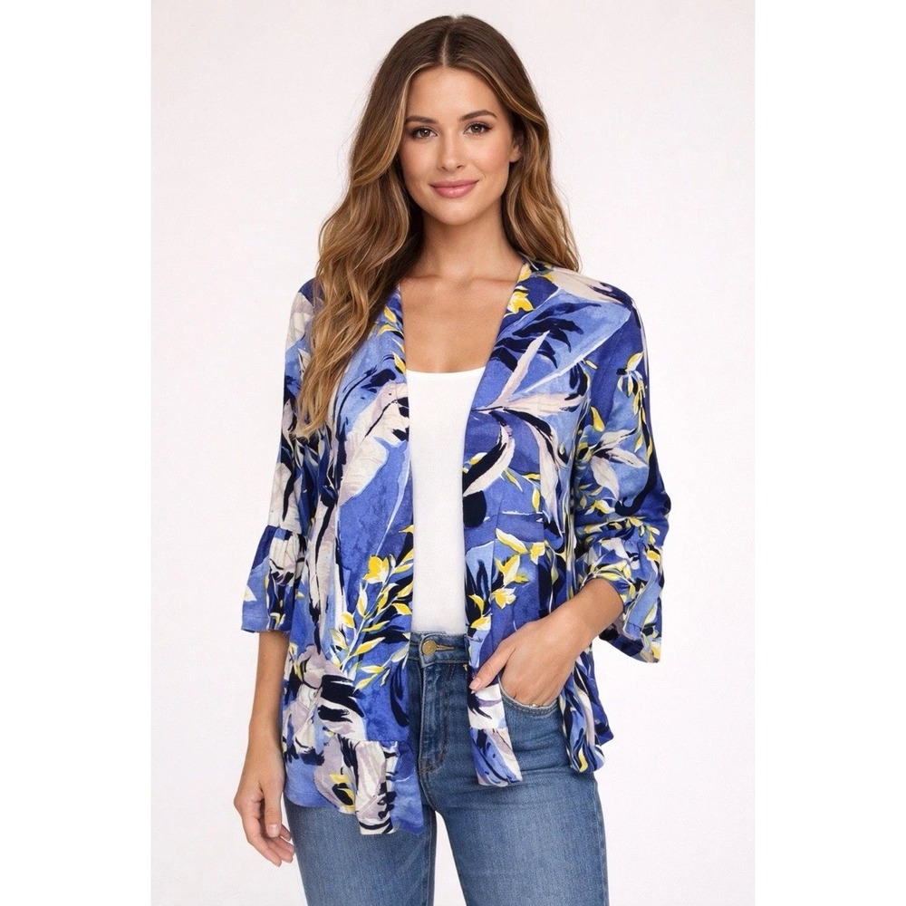 Chicos Blue Tropical Floral Linen Blend Ruffle Open Front Cardigan Sweater XL‎ 3